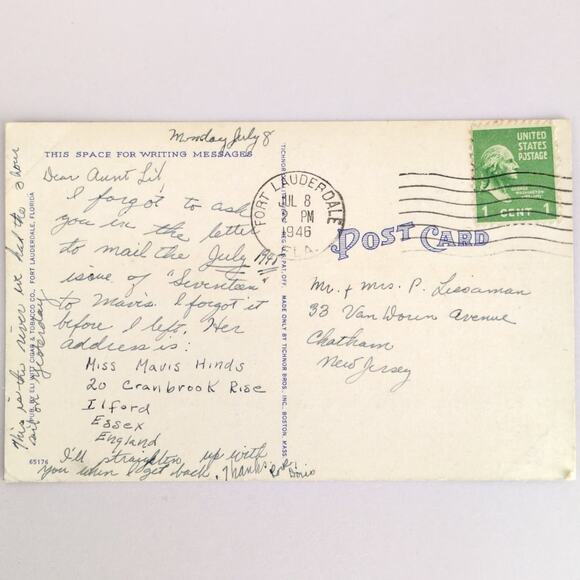 Vintage 1946 Linen Postcard New River West Fort Lauderdale Florida Boats - Picture 2 of 2